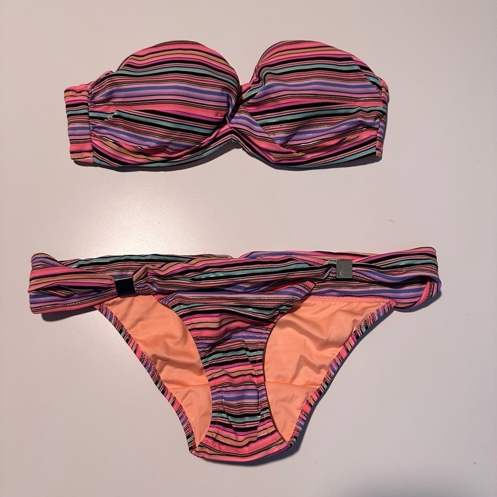 Victoria's Secret Striped Bikini Strapless Formed Bikini Size 34b Bottoms Small